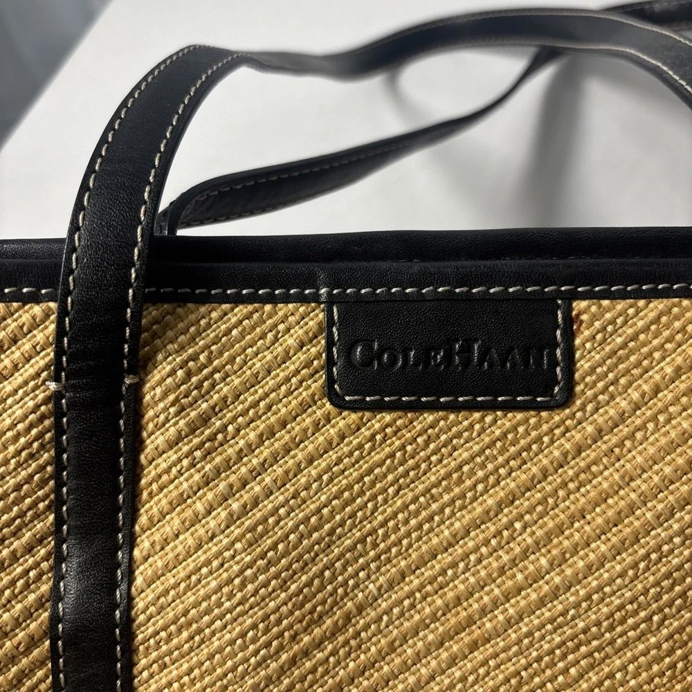 Cole Haan Purse & Wallet Woven Straw Black Faux Leather Shoulder Floral Accents